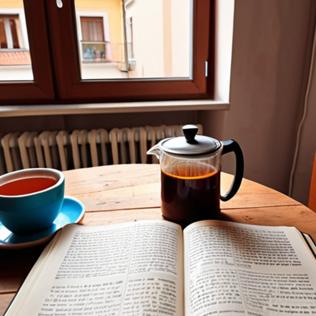 **

"Open Italian grammar textbook, "Grammatica italiana per tutti," with colorful learning aids, tables, and exercises. Focus on the pages explaining the difference between 'essere' and 'avere'. Background: a cozy Polish apartment interior, with a cup of tea and a Bialetti moka pot on the table."

**