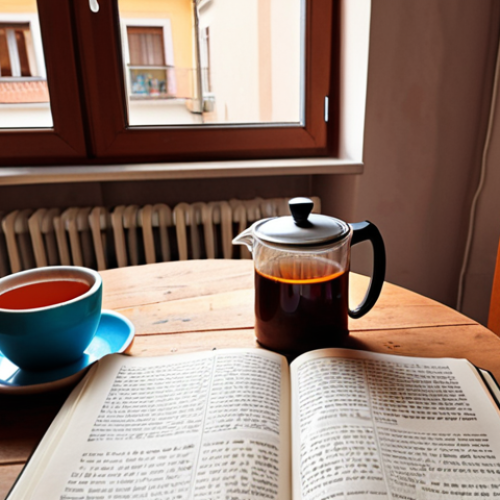 Home 4 **
"Open Italian grammar textbook, "Grammatica italiana per tutti," with colorful learning aids, tables, and exercises. Focus on the pages explaining the difference between 'essere' and 'avere'. Background: a cozy Polish apartment interior, with a cup of tea and a Bialetti moka pot on the table."
**