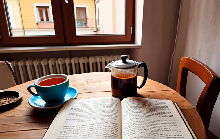 **

"Open Italian grammar textbook, "Grammatica italiana per tutti," with colorful learning aids, tables, and exercises. Focus on the pages explaining the difference between 'essere' and 'avere'. Background: a cozy Polish apartment interior, with a cup of tea and a Bialetti moka pot on the table."

**